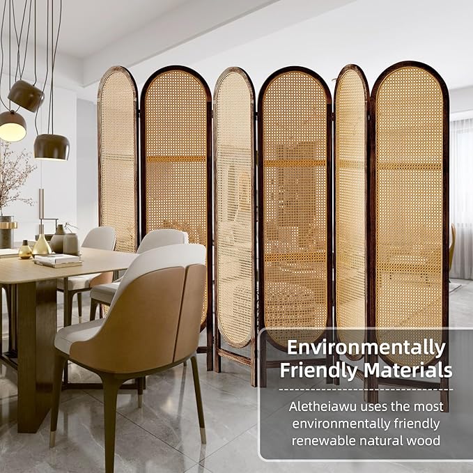 6 Panel Room Divider, Hand-Woven Rattan Room Divider Screen, Folding Privacy Screens with Double Hinges, Wooden Freestanding Wall Divider for Room Separation Bedroom Home Office - Brown