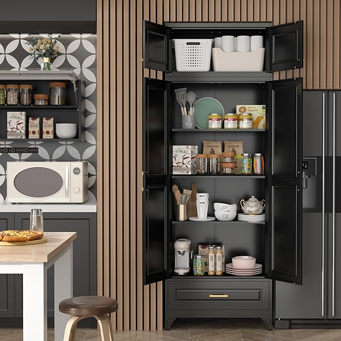 90" Kitchen Pantry Cabinet with Drawer, Metal Storage Cabinets with Doors and 4 Adjustable Shelves,Black Kitchen Cabinet with 2 Gold Handles,Food Cupboard for Livingroom,Pantry