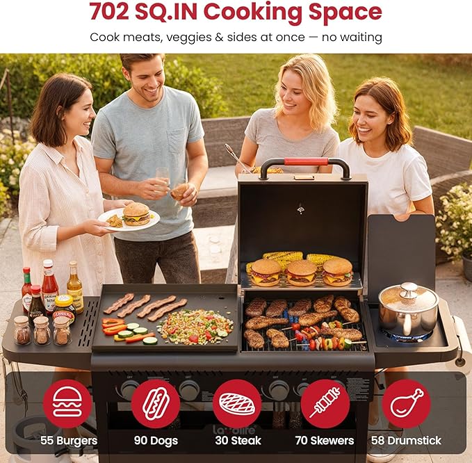 Propane Gas Griddle Grill Combo with Side Burner, Non-Stick Porcelain-Enameled Cast Iron Grate & Pan, 5 Burners Dual BBQ Grills, 702 SQ.IN Cooking Area, Heavy-Duty Stand for Backyard