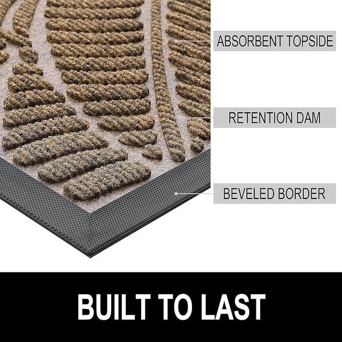 Colorxy Waterproof Doormat, Sturdy Natural Rubber Front Indoor Mat, Non Slip Low Profile Indoor Outdoor Door Mats, Stain and Fade Resistant Floor Mat, Easy Clean Patio Entrance Mat, 36''x24'', Brown