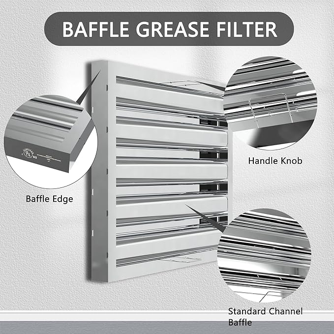 Stainless Steel Commercial Kitchen Hood Filter, Range Hood Baffle Grease Filter for Restaurant Exhaust Hoods, UL/NSF Listed, 15.5 W x 19.5 H Inch 4 Grooves Hood Filters（5 Pack）