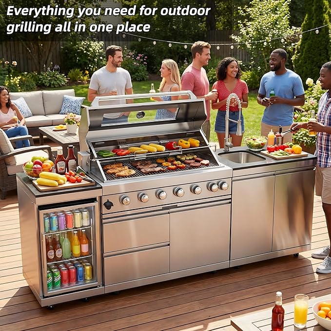 Outdoor Kitchen Island, 95.5 Inch 85000 BTU Gas Grill Combination With Refrigerator and Sink, Outdoor Stainless Steel Barbecue Bar, 6 Burner Propane Grill for Patios, Gardens, Parties