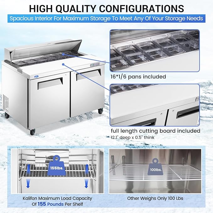 60" W 2 Door Refrigerator Sandwich Salad Prep Table Commercial Stainless Steel Fan Cooling Refrigerator with Cutting Board, 2 Shelves & 16 Pans for Restaurant, Bar, Shop-16.4 Cu.ft