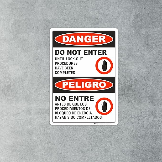 Brimar - 7 x 10" - Bilingual Danger Do Not Enter Lock Out Sign - 3.5 Mil InfiniStick™ Vinyl Label - Bilingual Design - Bold Text And Symbol