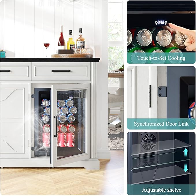60" Farmhouse Coffee Bar Cabinet with Beverage Fridge (Included), Wine Bar Cabinet with Drawer Storage, Mini Fridge Cabinet, Sideboard Cabinet for Dining Room, Living Room-White
