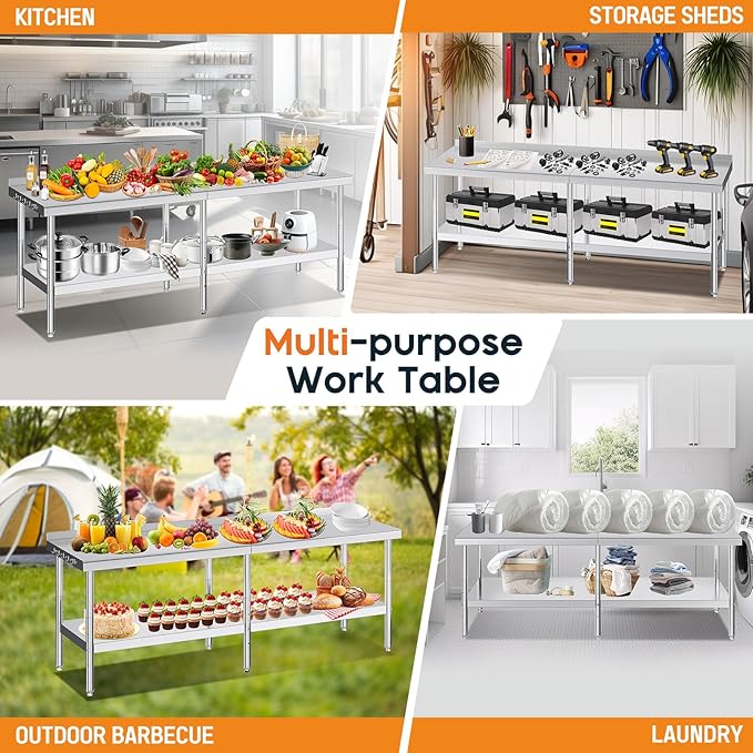 Jocisland 30" x 96" Stainless Steel Table for Prep & Work with Backsplash, Adjustable Under Shelf & Safe Design for Restaurant, Home and Outdoor