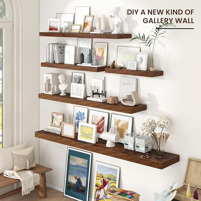 Floating Shelves for Wall 48"W x 9"D x 1.5"H, Engineered Wood Wall Shelves with Invisible Brackets for Living Room Bedroom Bathroom Office Kitchen Decor and Storage, Rustic Brown Finish, Set of 2
