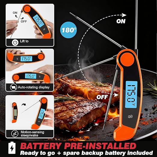 Meat Thermometer Digital Waterproof Instant Read Thermometer for Cooking ℃/℉ Convertible, Food Thermometer with Backlight, Cooking Thermometer for Kitchen Auto-Rotating Display Orange
