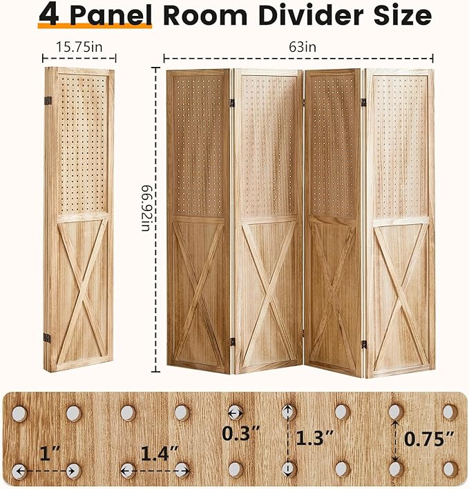 4 Panel Pegboard Wood Room Divider, 5.6Ft Pegboard Display Folding Privacy Screens, Peg Board Display Freestanding for Trade Show Craft Show Home Wall Organizer, Light Brown