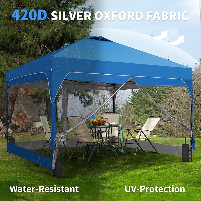 Saemoza 12x12 Pop Up Canopy Tent with One Push Setup, Outdoor Sun Shade Canopy for Backyard Party, Easy Up Instant Shelter with 4 PVC Transparent Sidewalls, 4-Sandbags & Wheel Bag, Blue.