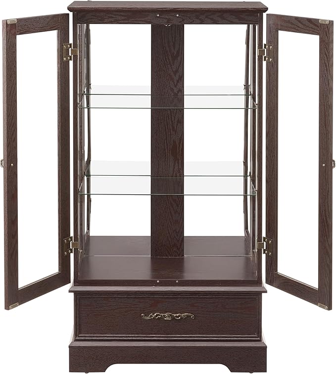 47" H Lighted Curio Cabinet Display Case, Glass Case with Adjustable Shelves,Tempered Glass Door and Drawer, Wooden Curio Cabinet with Mirrored Back Pane for Living Room (Dark Cherry)