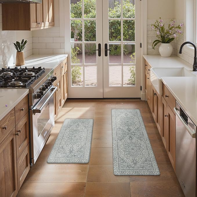 GENIMO Kitchen Mats for Floor, 2PCS Kitchen Rugs Non Slip Washable, Waterproof Anti Fatigue Mat, Comfort Standing Runner Rug for Sink, Office, Laundry, Home, 17.3"x47"+17.3"x30", Blue Grey