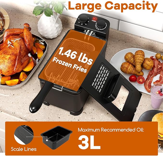 SIMOE Electric Deep Fryer with Basket, 1700W Countertop Oil Fryer with Adjustable Temperature, Lid with Viewing Window, 3 Liter / 12 Cup Oil Capacity, Small Deep Fryer Pot for Home Use, Easy to Clean