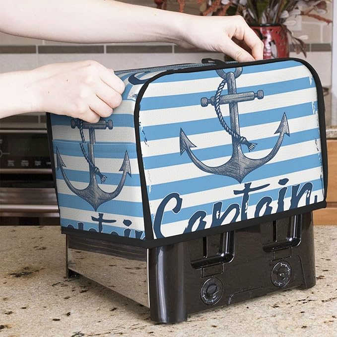Toaster Cover 2 Slice with Pockets, Nautical Anchor Blue White Geometric Strip Kitchen Accessories Decor Bread Maker Oven Protector Covers Dust Proof Fingerprint Covers