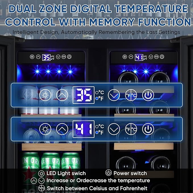 Wine and Beverage Refrigerator 24", Upgraded Dual Zone Wine Beverage Cooler with Glass Door and French Door, Large Capacity Beer Fridge Holds 21 Bottles & 88 Cans, Built-In or Freestanding - Black