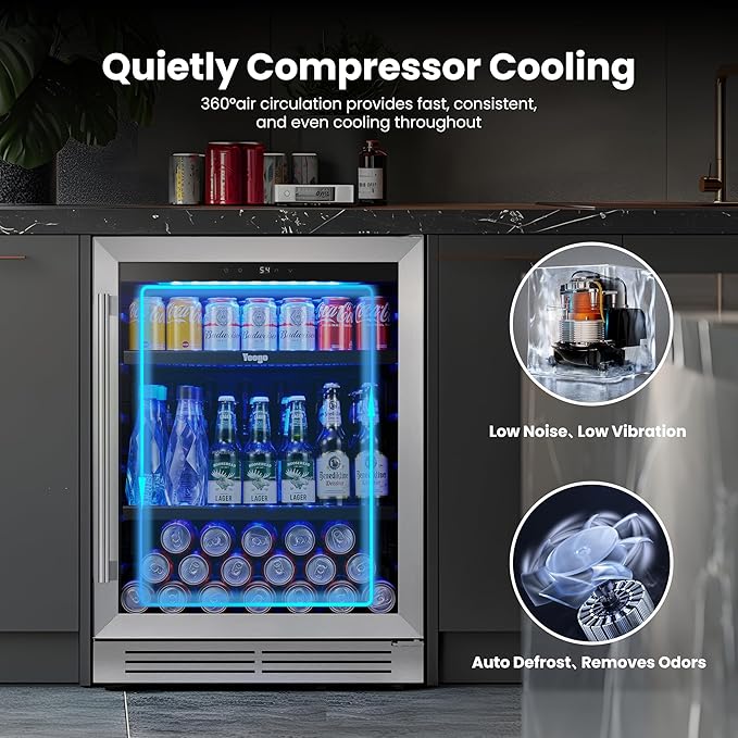 Yeego 24-Inch Built-In Beverage Refrigerator (2 Pack) - Large Capacity Drink Cooler with Glass Door, Auto Defrost Beverage & Wine Fridge for Cans and Bottles, Under Counter & Freestanding