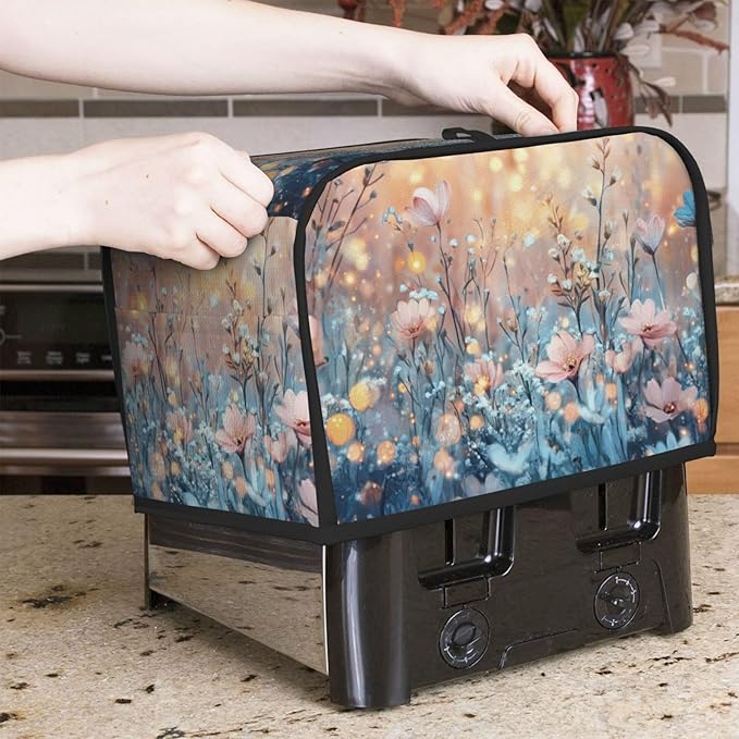 2 Slice Toaster Cover for Kitchen Flower Field Landscape Waterproof and Dustproof Toaster Dust Cover with Side Pockets Decorative Universal Cover for Wide Slot Toasters and Small Appliances