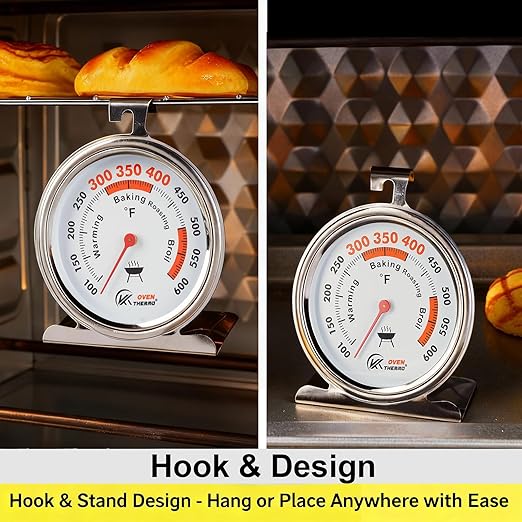 2.64" Oven Thermometer 100-600°F Kitchen Cooking Thermometer Instant Read Stainless Steel Oven Temperature Gauge with Hanger & Base 2Pcs