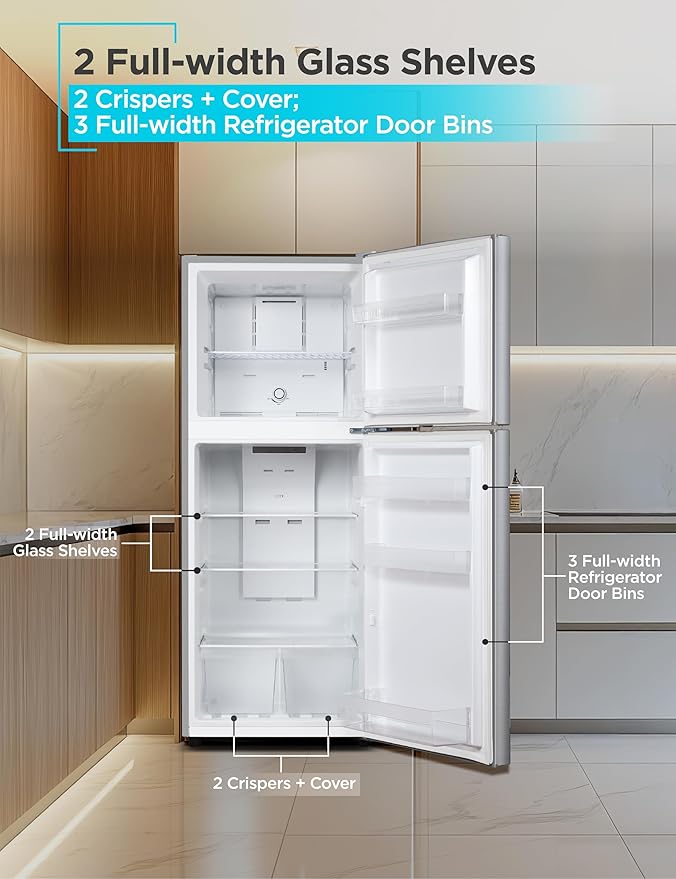 BLACK+DECKER 12.1 Cu. Ft. Top Mount Refrigerator with Freezer, 2 Door Refrigerator with Top Freezer and Adjustable Temperature Control, ENERGY STAR, BR1210HS, Stainless Steel Look