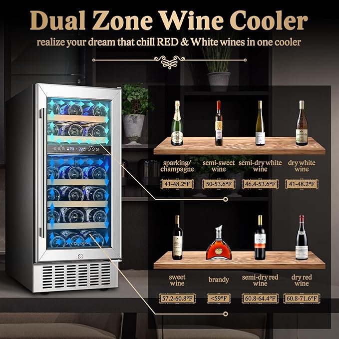 AAOBOSI 15 inch Dual Zone Wine Fridge, 28 Bottles Built-in or Freestanding Fridge,41-64°F Wine Cooler with Professional Compressor，Low Noise and No Fog