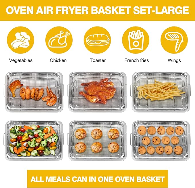 Extra Large Air Fryer Basket for Oven 18 x 12 Inch Stainless Steel, Oven Air Fryer Basket and Tray Set with 30 PCS Parchment Papers, Bacon Cooker Broiler Pan for Oven, Bakeware Sets Oven Rack-2 Piece