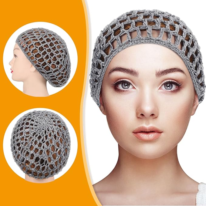 Geyoga 4 Pieces Mesh Crochet Hair Net Rayon Knit Snood Hat Thick Short Women Hairnet Snoods Cover Ornament for Sleeping (Gray)