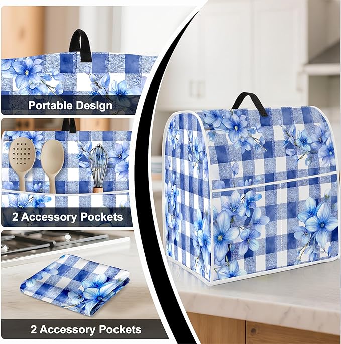 Stand mixer cover with handle and storage bag, reusable and washable, stylish retro floral design, keeps kitchen countertops clean and tidy (fits 6-8 quart mixers).