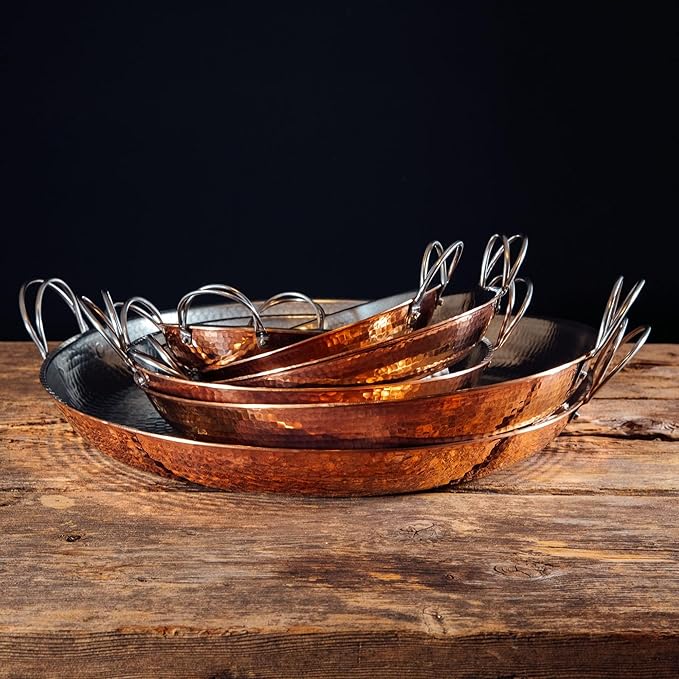 Sertodo 10 Inch Hand-Hammered Copper Paella Pan | Heavy-Gauge Pure Copper Frying Pan & Skillet | Artisan Cookware for Cooking & Serving – Alicante Style