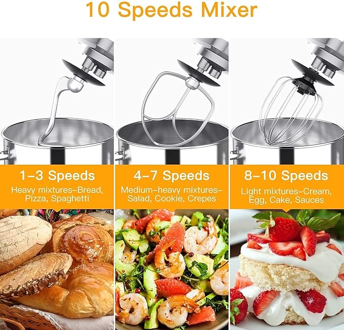 7.5QT Stand Mixer, 660W Powerful Electric Dough Mixer, 10-Speed Tilt-Head Kitchen Mixer with Stainless Steel Bowl, Whisk, Dough Hook, Beater, Splash Guard, Easy Clean, for Baking & Cooking