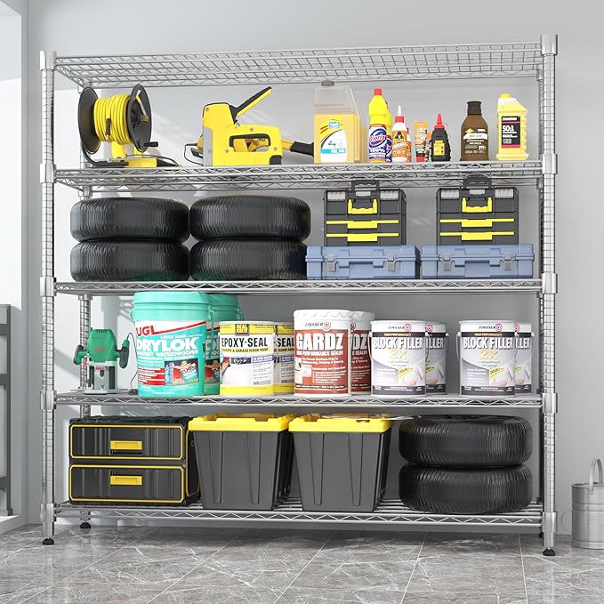 Homdox Heavy Duty Metal Shelves for Storage, 5 Tier Storage Racks and Shelving, Commercial Adjustable Wire Shelving Unit on Wheels, Garage Rack Pantry Shelves Kitchen Shelving, 18"x60"x82", Chrome