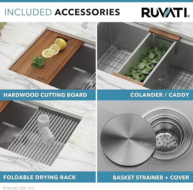 Ruvati 32-inch Round Corner Undermount 16 Gauge Stainless Steel Workstation Kitchen Sink Single Bowl – Soundproof Multifunction Chef Sink with Cutting Board & Accessories – RVH8301