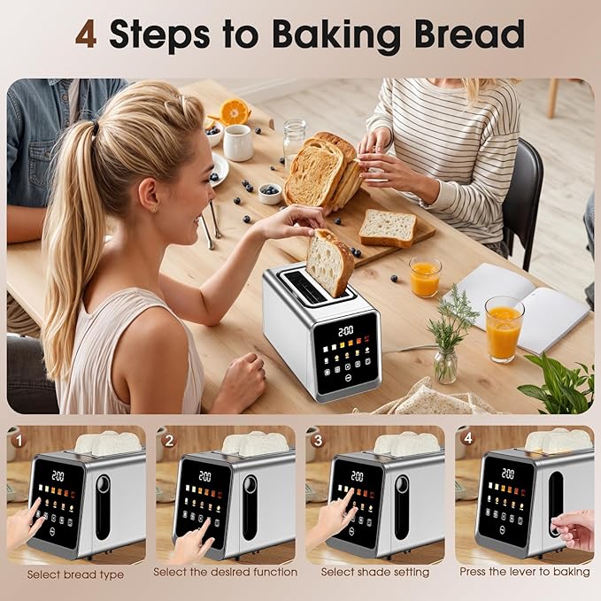 Touch Screen Toaster 2 Slice, Smart Digital with 1-Touch Memory, 1.5" Wide Slot for Bagels, 5 Bread Types & 6 Shade Settings, 900W, Defrost & Reheat