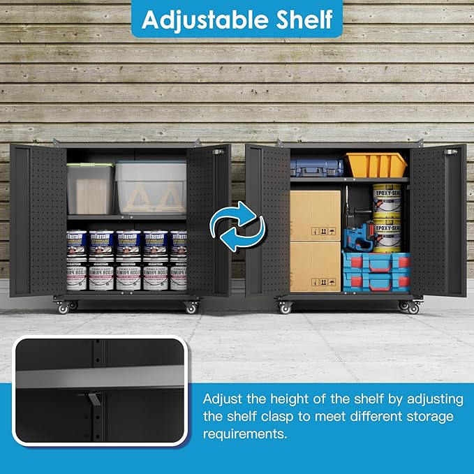 Aobabo 34.3" H Garage Storage Cabinet with Wheels,Lockable Metal Storage Cabinet with 2 Doors for Garage Home Office Storage,Black,Assembly Required