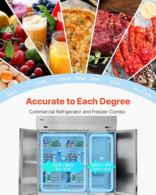 VEVOR Commercial Refrigerator and Freezer Combo 72"W, 51 Cu.Ft Stainless Steel Upright Freezer/Refrigerator with Three Doors, Auto-Defrost, 9 Adjustable Shelves, UL Certified