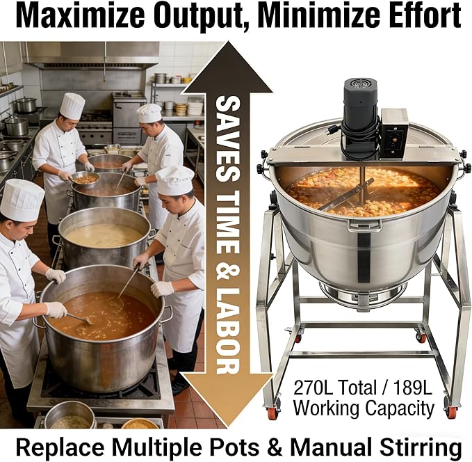 270L Commercial Mixing Kettle Electric Stirrer & Natural Gas Heating for Soup/Sauce/Stew/Porridge/Hot Pot Base Automatic Food Mixer 500W SUS304 Stainless Steel Adjustable Stirring 110V