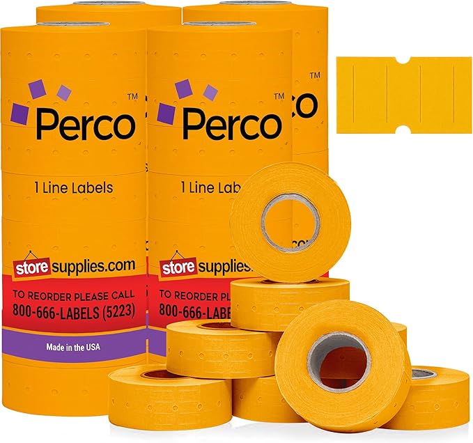 Perco 1 Line Fluorescent Orange Labels - 32 Rolls, 4 Sleeves, 32,000 Blank Price and Date Gun Labels for Perco Lite, X, Plus and Pro 1 Line Price and Date Guns - Made in USA