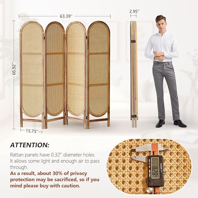 Room Divider and Folding Privacy Screen 5.6 Ft Rattan Room Divider with Double Hinges, Foldable Wood Partition Screen, Freestanding Wall Divider for Room Separation Home - 4 Panel Natural