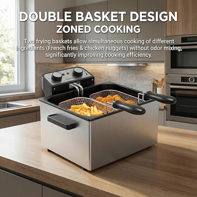 Electric Deep Fryer for Home Use, 1800W Stainless Steel Countertop Fryer with 5L Oil Tank, Removable Frying Basket & Adjustable Temperature