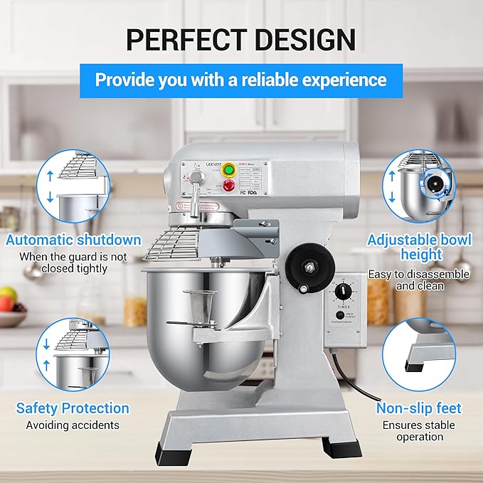 Commercial Mixer 15 QT by LEEVOT – Electric Food Mixers with Timing Function, Heavy Duty 3-Speed Dough Mixer for Baking, Pizza Dough, Bakery, Restaurant & Home Kitchen