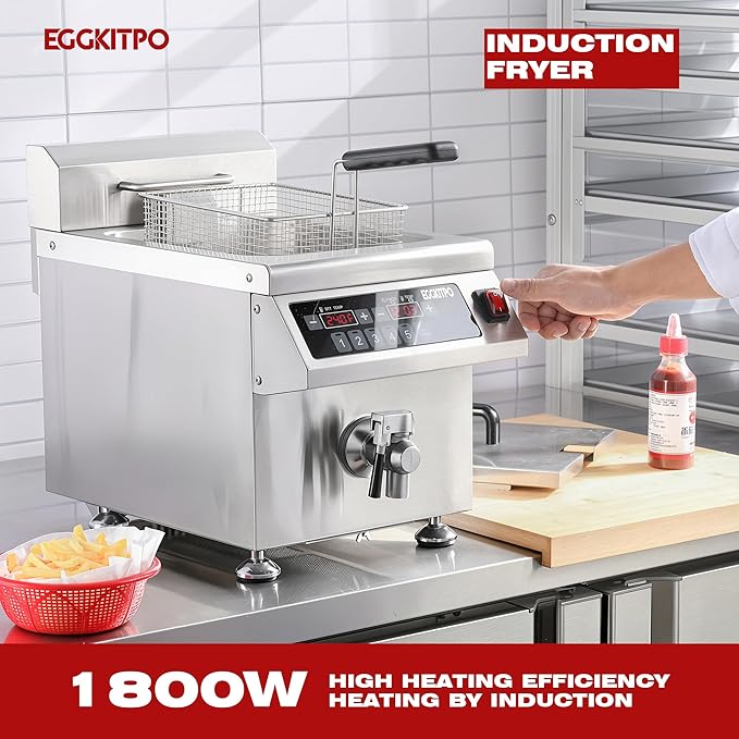 EGGKITPO 12.6 QT Commercial Fryer Induction Fryer with Timer and Drain Electric Deep Fryer with Basket and Lid 12 L Large Countertop fryer for Home Use Kitchen Commercial Business 120V 1800W