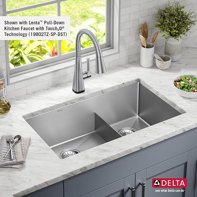 DELTA FAUCET Delta Lenta 32-inch Undermount 16 Gauge Stainless Steel Double Bowl Kitchen Sink with Accessories, 953034-32D6-SS, Satin, 32 Inch - Double Bowl