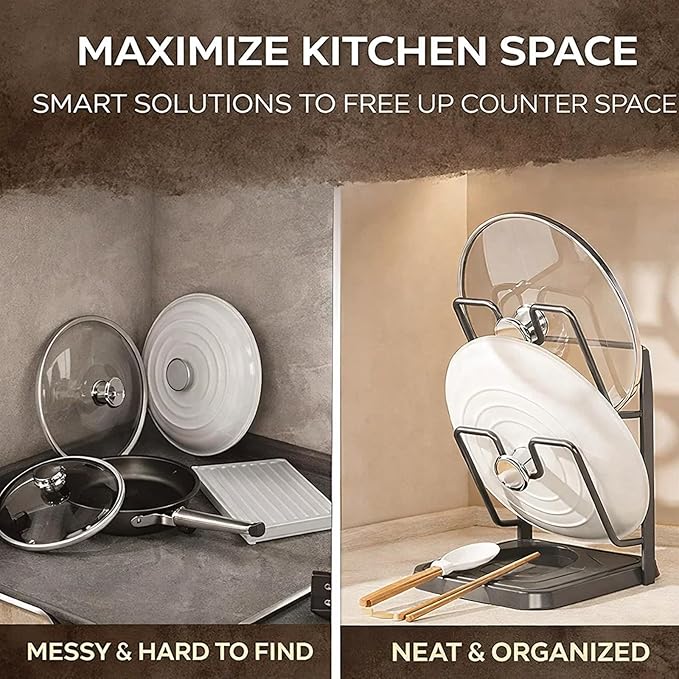 Kitchen Pot Lid Storage Rack, Heat-Resistant Pot Lid Holder While Cooking with Tray, Multifunctional Pot Lid Holder Organizer Rack, Lid and Spoon Rest for Countertop, Stove Top (Single-layer Beige)