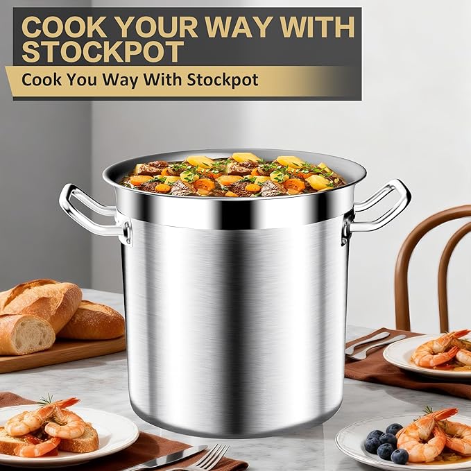 Stainless Steel Stock Pot - 24QT Heavy Duty Induction Cooking Pot with Visible Lid, Nonstick Thick Bottom Big Stockpot, Deep Cookware for Canning, Boiling Beer Brewing, Soup, Seafood Boil Soup Pots
