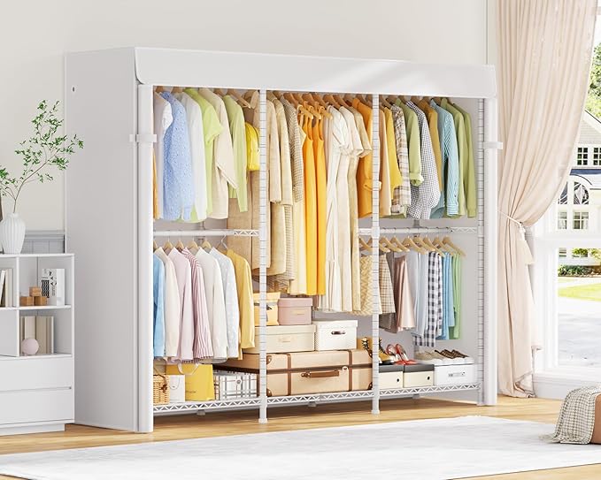 E14C Heavy Duty Closet Organizer System，Freestanding Clothing Racks for Hanging Clothes，Adjustable Garment Rack 70.1" W × 16.6" D × 76.4" H Hold 960 lbs，White Rack with White Dustproof Cover