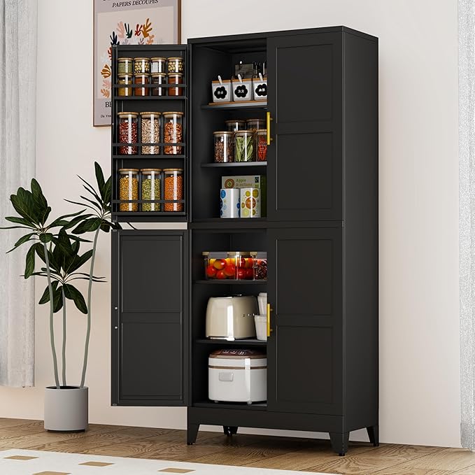 74.8" Tall Metal Food Cabinet, Black Kitchen Pantry Cabinet, Storage Cabinets with 4 Door and 4 Adjustable Shelves, Steel Freestanding Cupboard for Kitchen Dining Room Living Room Bathroom
