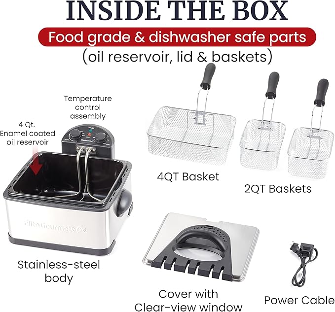 Elite Gourmet EDF-401TXB Electric 4.5 Qt. / 17 Cup Immersion Deep Fryer 3-Baskets, 1700-Watt, Timer Control, Adjustable Temperature, Lid with Viewing Window and Odor Free Filter