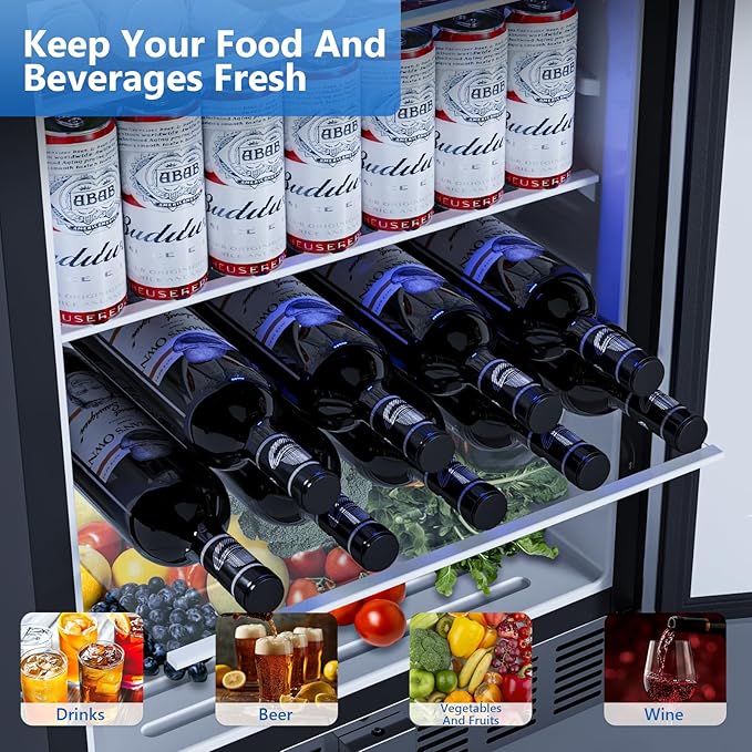 24 Inch Under Counter Beverage Refrigerator, Built-in and Freestanding Beverage Fridge Cooler 180 Cans with Stainless Steel Seamless Door, Powerful Cooling Compressor for Patio Kitchen, Commercial Use