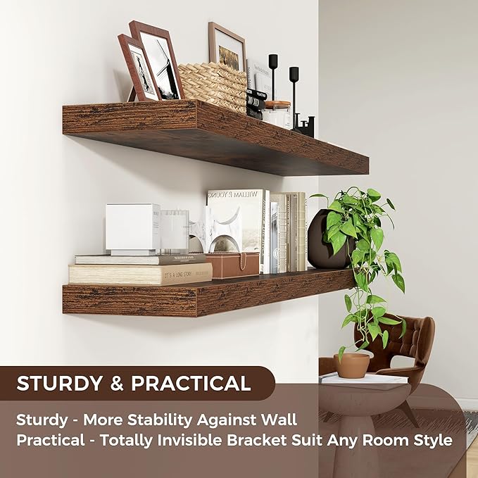 Floating Shelves for Wall 48"W x 9"D x 1.5"H, Engineered Wood Wall Shelves with Invisible Brackets for Living Room Bedroom Bathroom Office Kitchen Decor and Storage, Rustic Brown Finish, Set of 2