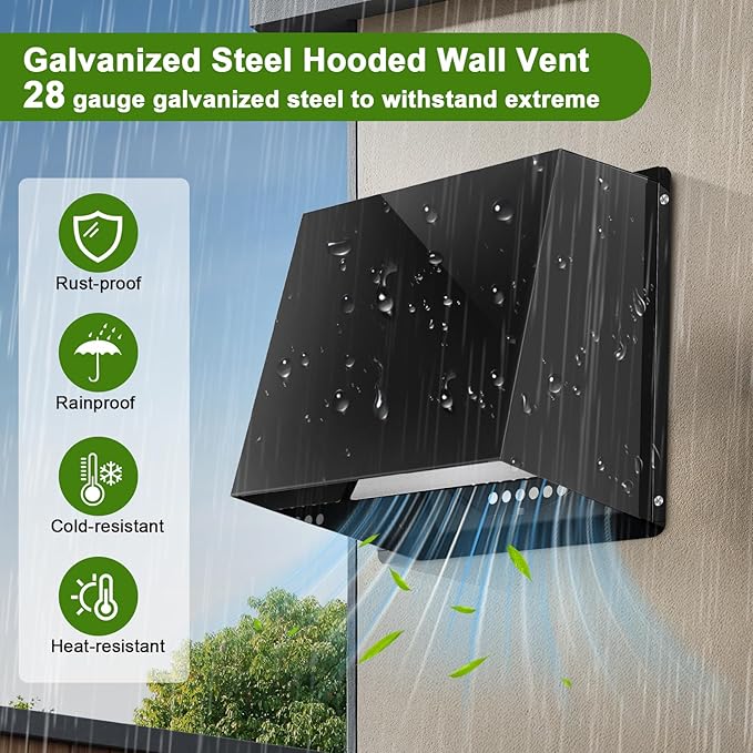 8 Inch Hooded Wall Vent, Dryer Wall Vent Cover Outside with Screen and Damper, Wall Exhaust Vent Cover, Outdoor Air Vent Cap for Range Hoods/Kitchen/Bathroom/Laundry/Basements/Garages, Black