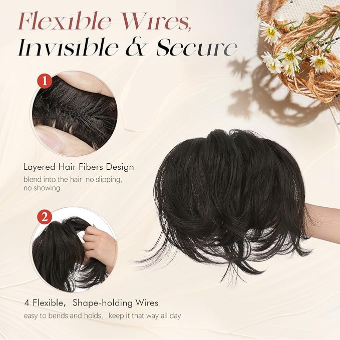 SOFEIYAN Claw Clip Short Ponytail Extension DIY Bendable Wires Hair Bun Fluffy Fake Hair Piece Straight Synthetic Hair Ponytail Extensions for Wonen - Black